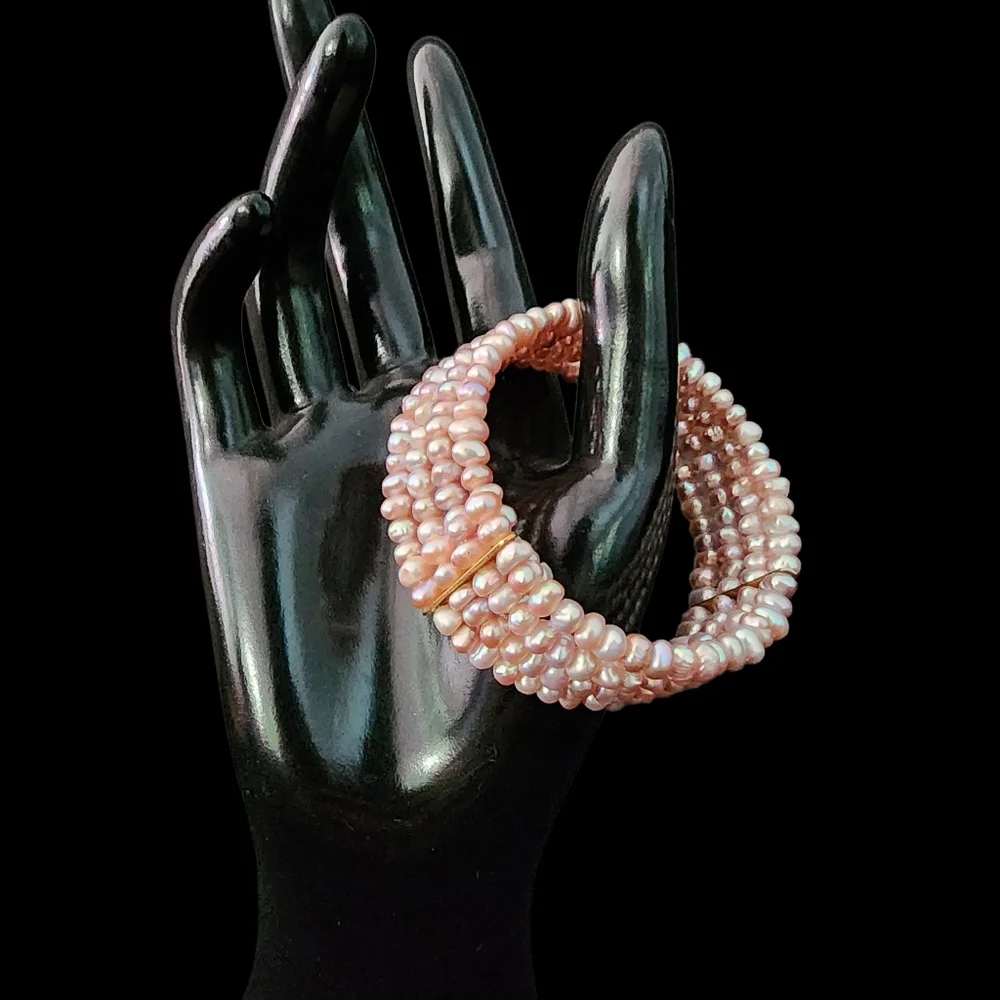 Pink pearl cuff bracelet petite pearls 4 tiers dainty blush pearls A0019